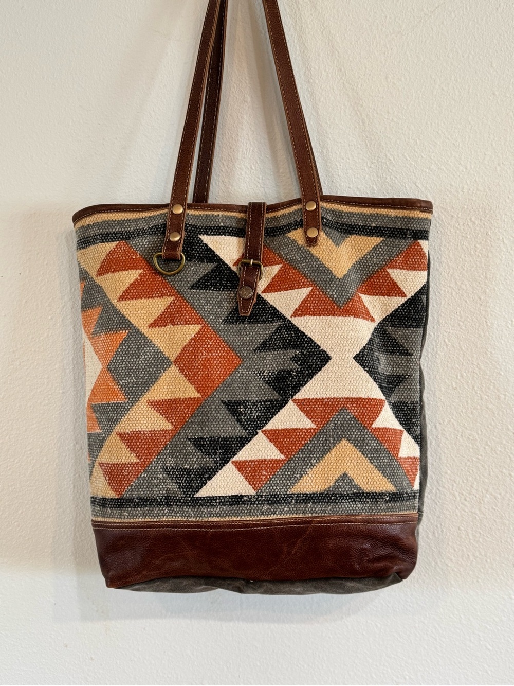 Myra Bag Brown Leather-Trim Southwest Rug/Recycled Canvas/leather Shoulder Bag